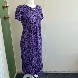 Vintage 80s 90s Black and Purple Floral Midi Dress
